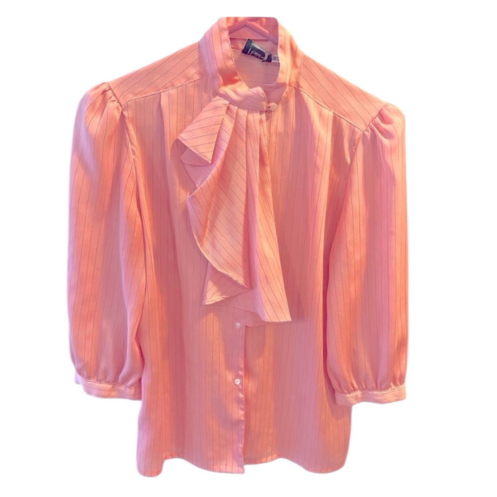 Vintage Peach with Black Pinstripes Ruffled Blouse by Mallard’s Point. Size = 7.